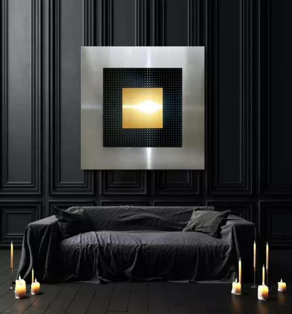 Original Abstracto Metal Cuadro Moderno Negro Oro Plata Arte Salón Pared Deco XL