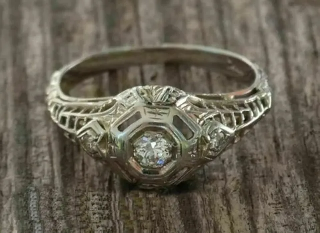 Old European Cut Moissanite 14K White Gold Art Deco Vintage Engagement Ring