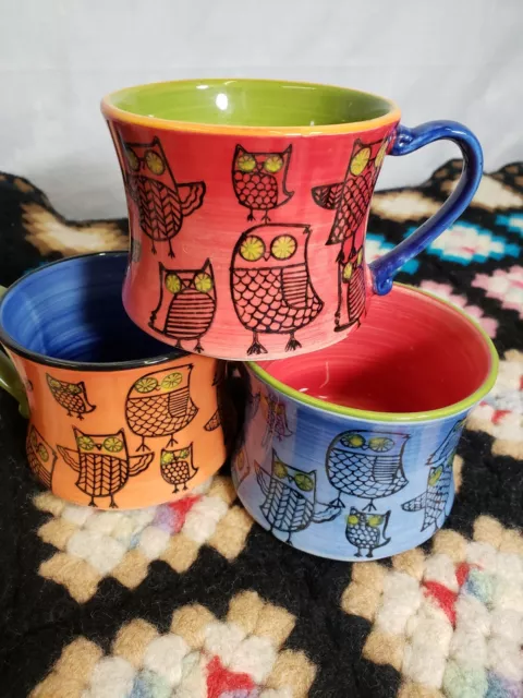 Pier One 1 Imports Coffee Mugs Tea Cups Colorful Owls Stackable Owl set of 3