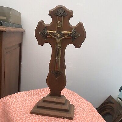 Antique French Crucifix cross christ Free Standing Wood 14” 1800s Altar Metal