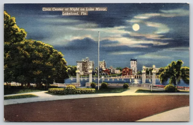 Civic Center At Night On Lake Mirror Lakeland Florida FL Moonlight View Postcard