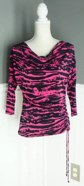 Michael Kors Pink Black Drape-Neck 3/4 Sleeves Size Medium Animal Print