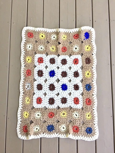 Vintage Handmade Granny Square Crochet Lap Afghan Baby Blanket 1970s Brown
