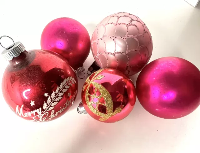 SHINY BRITE Glass Ornaments Pink Fuchsia Magenta Lot of 5 Vintage