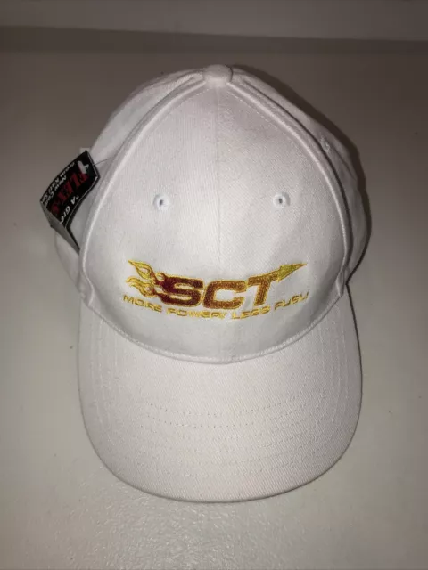 SCT "more power less fuel" Flame Logo White Snapback Trucker Style Cap Mesh Hat