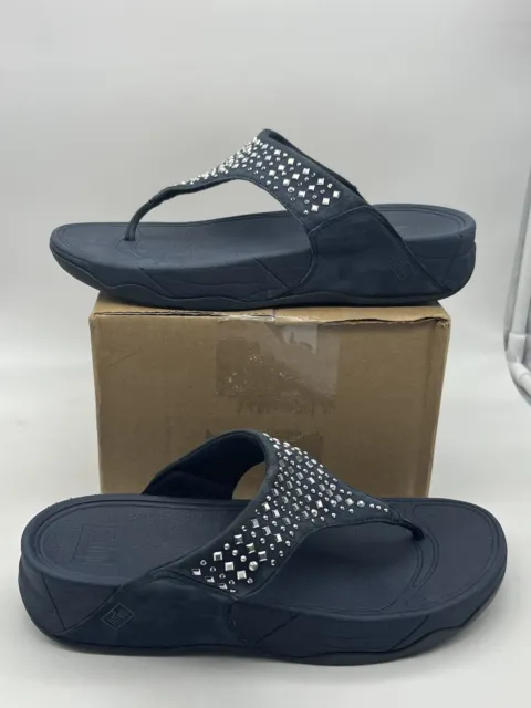 FitFlop Navy Wobble Board Sandals Womens Blue US 8 Thong Embellished Studs, VGC!