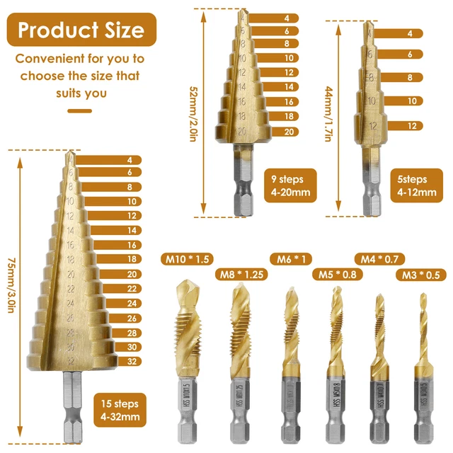 10Pcs Straight Flute Step Drill Bit Hex Shank Screw Tapping Drill Bit baHoo