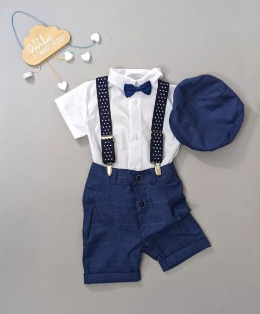 Boys 5pcs Navy Checker Formal Outfit Set Summer Suit Shorts Wedding Christening