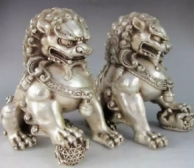 A Pair Chinese Antique Tibet Silver Guardian Lion Foo Fu Dog Door guard Statue