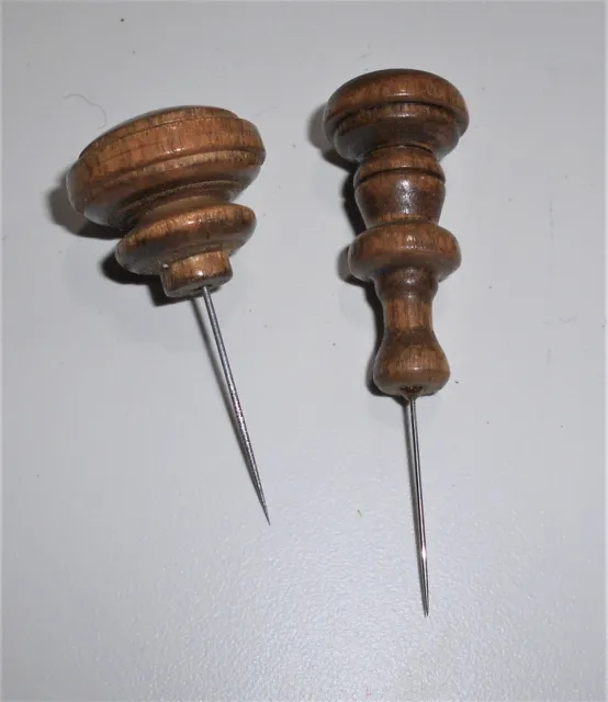 2 Lace Making Fancy Wooden Turned Pins 2" and 2 1/2" Long