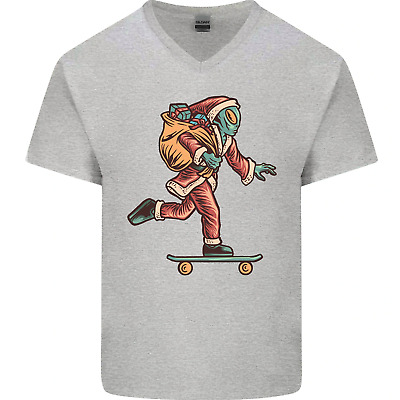 Funny Santa Clause Alien on a Skateboard Mens V-Neck Cotton T-Shirt