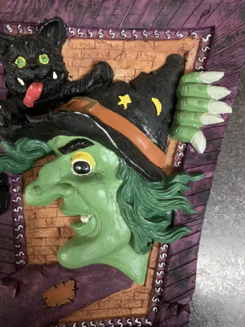 Vintage 2001 Spooky Hollow 3D Spookey Wall Plaque Halloween Witch Black Cat 6
