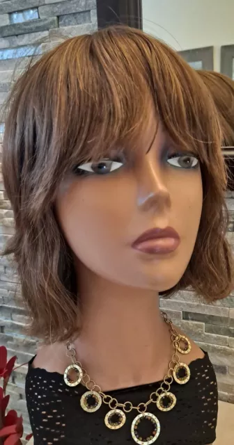 Custom Medium brown moveable bangs blonde highlight human hair sheitel L cap Custom Medium brown moveable bangs blonde highlight human hair sheitel L cap