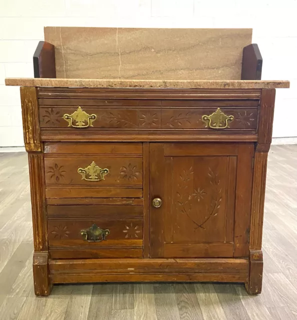 Antique 1800s Victorian Eastlake Style Marble Walnut Cabinet Commode Washstand