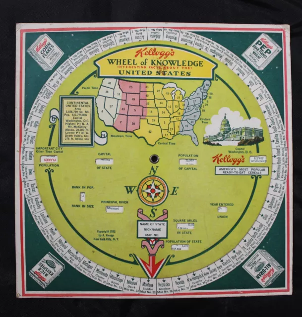 Vintage 1932 Kellogg's Wheel Of Knowledge Facts United States Cereal Premium