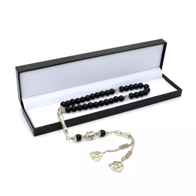 Black Onyx Stone Prayer Beads with Special Metal Tassel - (8 mm) (33 Beads)
