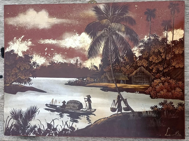 Panneau Laqué Vietnamien Peint à La Main - Scène Marine Avec Bateau, Années 60 (Rare)