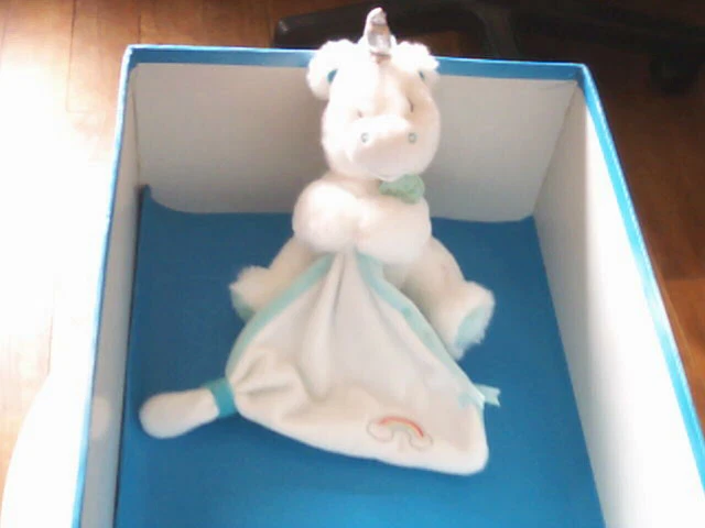 Doudou 5284 / Licorne Assise "Baby Nat" Blanc/Bleu/Vert - Mouchoir Brode ....