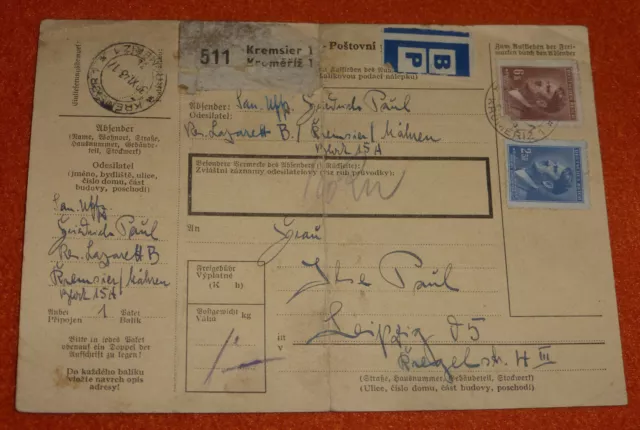 Böhmen und Mähren Feldpost Paketkarte Lazarett B Kremsier - Leipzig 1943 B&M