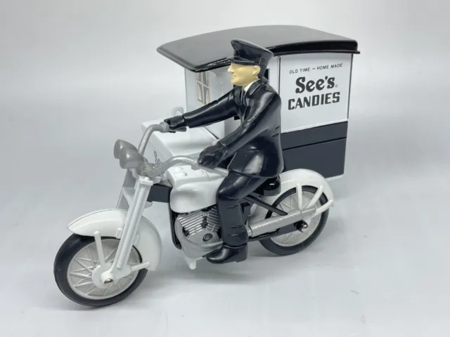 Vintage Die Cast Vehicle Motorcycle With Driver and Side Car Sees Candies