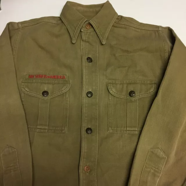 Boy Scout Twill Uniform Shirt Sweet Orr Vtg 40s Sz Age 15 Ring-Back Buttons BSA