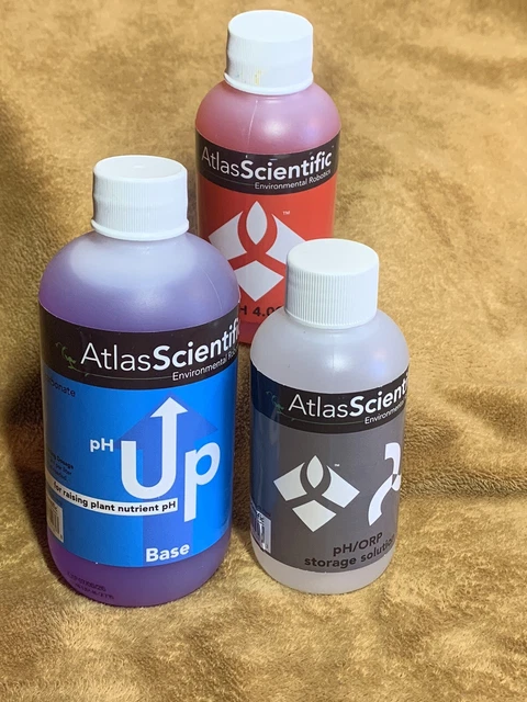 Lote de 3 soluciones de base de pH Atlas Scientific, calibración y almacenamiento con 1-8 oz, 2-4 oz.