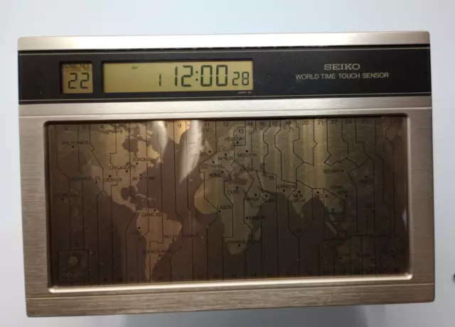 SEIKO YJ20 World Time Touch Sensor Gold Desk Clock Working - OPEN BOX/MINT
