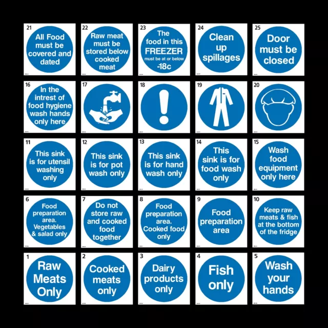 Food Hygiene - Sign / Sticker 100x100mm Food, Wash Hands, Raw/Cooked Meat, Sink