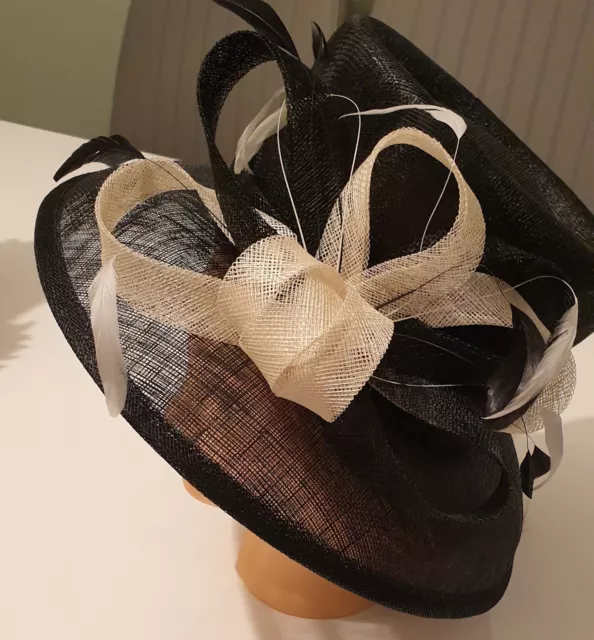 Lovely Black Wedding/Special Occasion Hat Black & Cream Swirls & Feathers Vgc