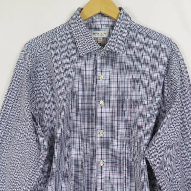 Peter Millar Summer Comfort Shirt Men's XL Blue Tattersall Check Long Sleeve
