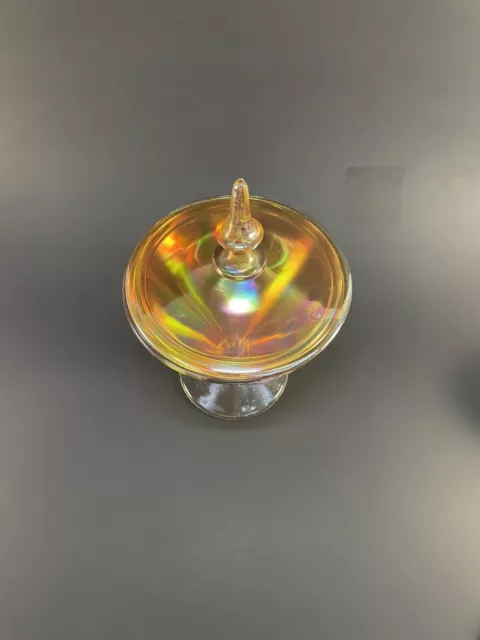 Vintage Marigold Carnival Glass Footed Candy Dish With Lid - Iridescent 