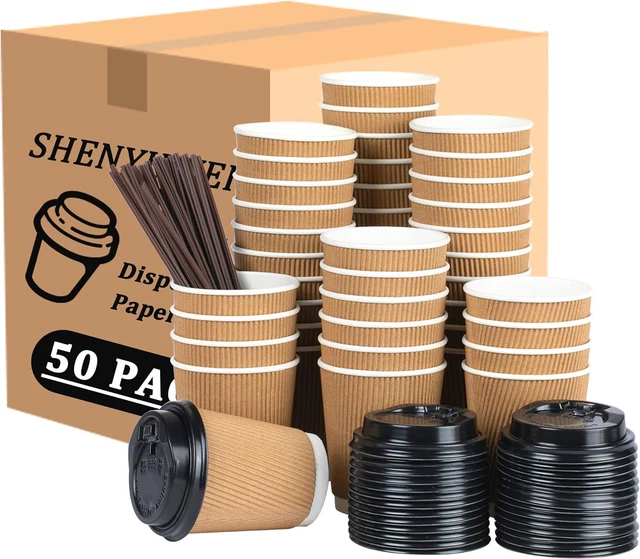 [50 Packs 8Oz Disposable Coffee Cups with Lids and Straws Insulated Kraft Ripple