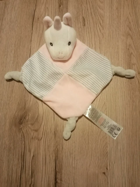 Doudou plat Licorne grelot rose blanc rayé gris TOM & KIDDY etat neuf