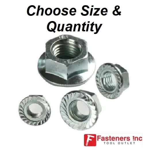 Hex Flange Nuts Serrated Zinc Plated "Whiz Nuts" (Choose Size & Quantity)