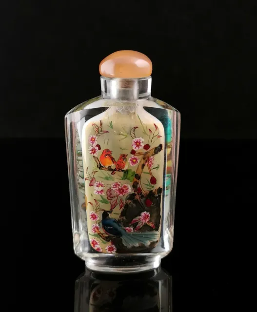 Vintage Chinese snuff bottle, Birds and Blossom, reverse painted glass