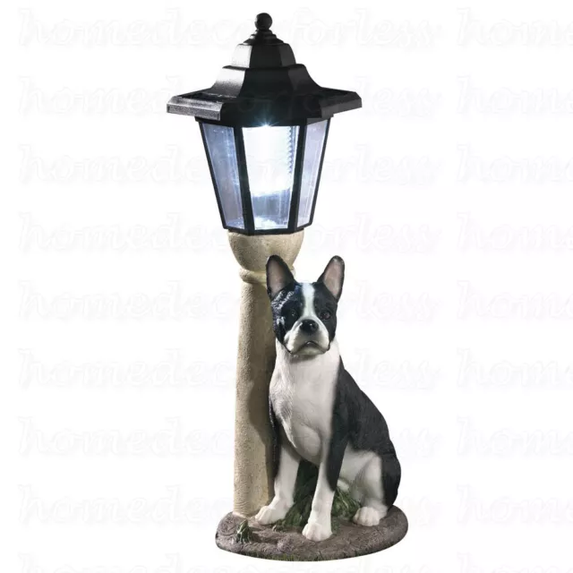 Realistic Boston Terrier Dog Sculpture w/ Solar LED Lighted Lamp Post Lawn Decor