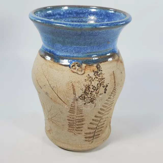 Leaf Imprint Pottery Vase Studio Art Potters Marking Signed JEP