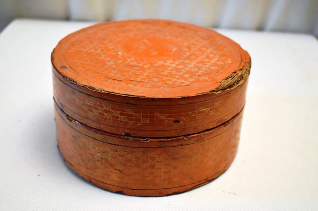 Vintage en Laque Boîte Thanakha Bu Myanmar Rangement Conteneur Main Peint Vieux