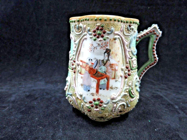 Antique Japanese Moriage heavily textural sm mug cup hand painted parents child