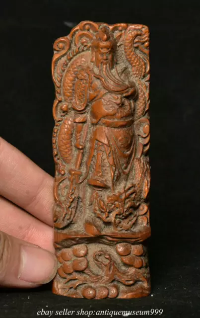 4" Old Chinese Boxwood Wood Carved Guan Gong Yu Dragon Statue Sculpture