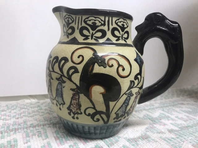 1920’s Made In Japan Pottery Hotta Yu Shoten & Co. Dog Handle Pitcher Art Deco