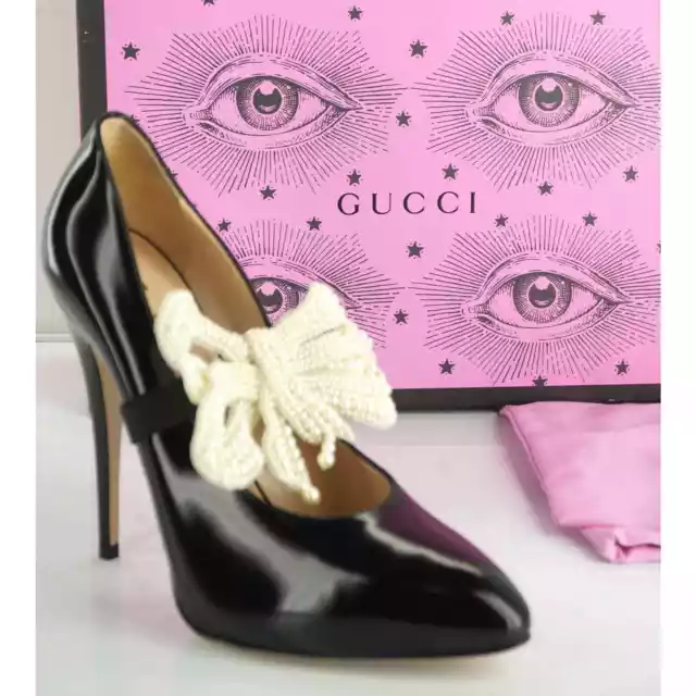 Gucci Black Elaisa Pearly Bow 110MM Shiny Leather Pumps Size 38 NIB $1550 Pointy