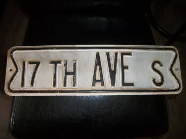 Vintage Street Sign Old Antique Embossed White Porcelain Metal 17th AVE S 21"x6"