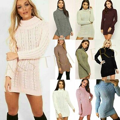 New Ladies Chunky Cable Knitted Polo Neck Long Sleeve Warm Sweater Jumper Dress