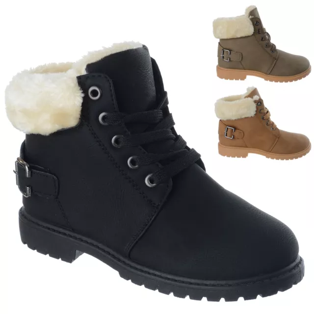 Girls Kids Flat Lace Up Ankle Boots Winter Warm Grip Sole Childrens Shoes Size