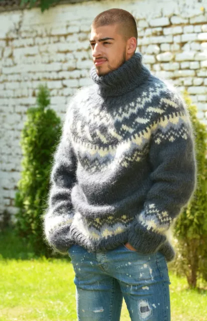 Designer Hand Knitted Mohair Icelandic Sweater, Grey Jumper, Turtleneck Pullover