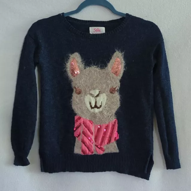 JUSTICE Navy Pullover Sweater w Fuzzy Sequined Llama Size 12