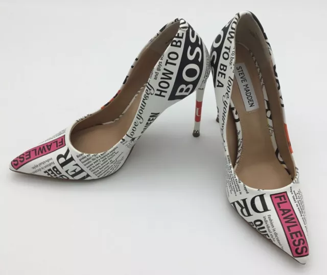 Steve Madden Vala 02S1 Newsprint Boss Girl Stiletto Heels White Black 6M