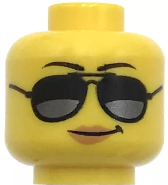 Lego New Yellow Minifigure Head Female Black and Silver Sunglasses Piece