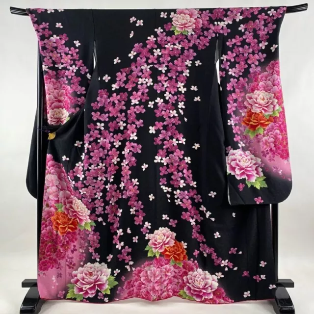 Woman Japanese Kimono Furisode Silk Peony CherryBlossom Gold Silver Thread Black